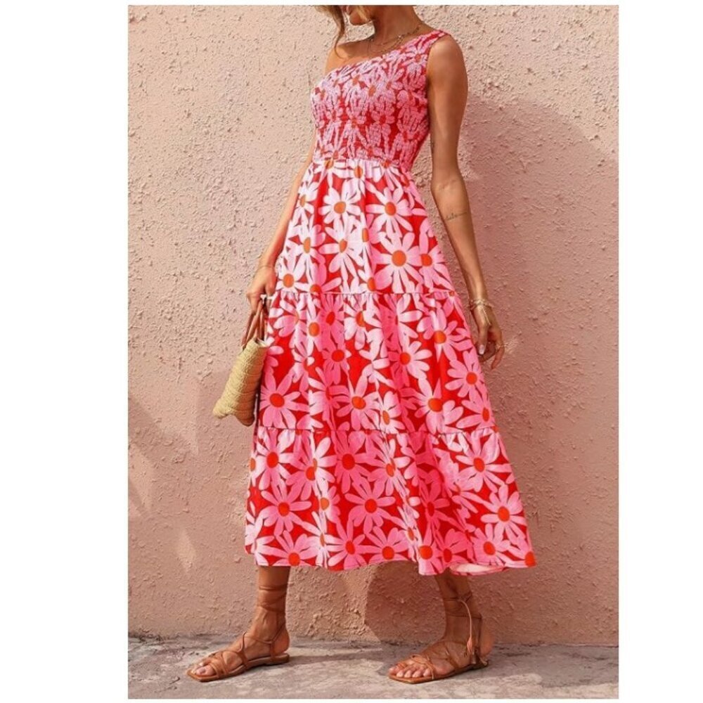Floral One Shoulder Maxi Tiered Summer Dress, XL